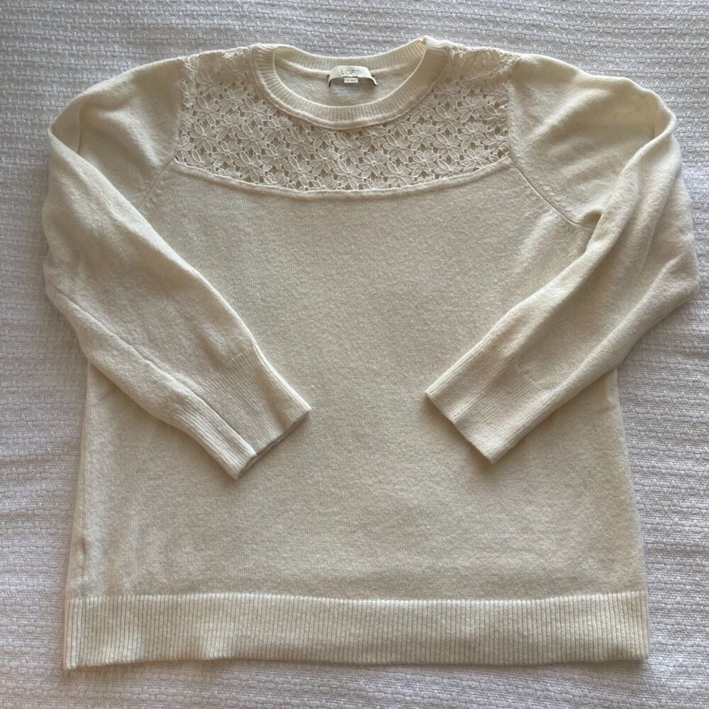XL LOFT Winter White/Cream Knit Sweater with Lace Yoke